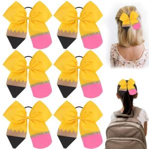 imageOAOLEER Back to School Hair Tie 6PCS Yellow Grosgrain Ribbon Pencil Cheerleading Hair Large Bows Ties for Girls Toddler Kids Kindergarten 1st 2nd 3rd 4th 5th GradePencil Bows Elastic Band