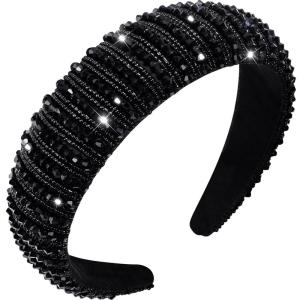 imageOAOLEER Velvet Padded Diamond Rhinestone Big Headband for Women Black Crystal Embellished Hair Hoop Races Goth Wedding Headpiece Fashion Hair Accessory Suit for WeddingPartyand Daily Life