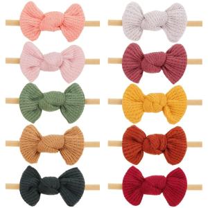 imageOAOLEER 10PCS Baby Bows Headbands Baby Girl Nylon Headbands Bow on Stretchy Hairbands for Newborn Infant Toddler Handmade Hair Accessories Hollow Embroidery