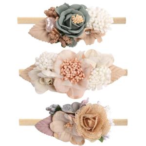 imageOAOLEER Baby Girl Floral Headbands Set 3pcs Flower Headbands Nylon Elastic Hair Band for Infant Newborn Toddler Hair AccessoriesFlower Headbands  2