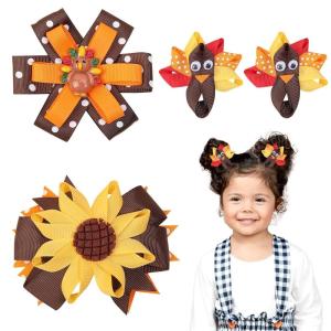 imageOAOLEER 4PCS Thanksgiving Day Hair Bow Clips Fall Orange Pumpkin Turkey Grosgrain Ribbon Alligator Bow Kids Girls Women Hair Accessories For Party SuppliesThanksgiving bows