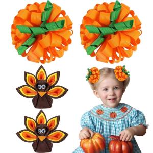 imageOAOLEER 4PCS Thanksgiving Day Hair Bow Clips Fall Orange Pumpkin Turkey Grosgrain Ribbon Alligator Bow Kids Girls Women Hair Accessories For Party SuppliesThanksgiving bowsB