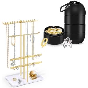 imageOAOLEER Jewelry Stand Holder OrganizerTravel Ring ampamp Jewelry Keychain Holder  3 Layers Small Necklace Holder Gold Jewelry Stand Displays with Hanging Storage for Necklace Bracelet Earrings Rings