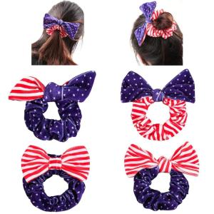 image4 PCS Patriotic Velvet Scrunchies Oaoleer 4th of July Hair Ties Elastics Scrunchy Bobbles Soft Hair Bands Ponytail Holder American USA Hair Accessories for Women Girls American  VelvetAmerican  Velvet