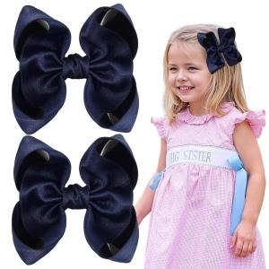 imageOAOLEER 2PCS 35inch Hair Bows for GirlsWhite Stain Ribbon Hair Bows Alligator Clips Hair Accessories for Back To School Teen Toddler Girls Kids WhiteNavy