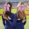 image:imageOAOLEER 6PCS Glitter Cheer Hair Bows for Cheerleading Sparkly Leather Ponytail Holder Elastic Band Handmade Hair Tie for Cheerleader Teen Girls College Sports SilverPink