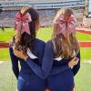 image:imageOAOLEER 6PCS Glitter Cheer Hair Bows for Cheerleading Sparkly Leather Ponytail Holder Elastic Band Handmade Hair Tie for Cheerleader Teen Girls College Sports SilverRed