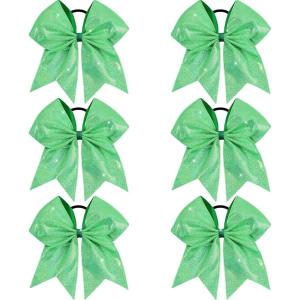 image:imageOAOLEER 6PCS Glitter Cheer Hair Bows for Cheerleading Sparkly Leather Ponytail Holder Elastic Band Handmade Hair Tie for Cheerleader Teen Girls College Sports SilverGreen