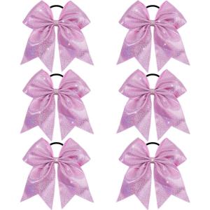 image:imageOAOLEER 6PCS Glitter Cheer Hair Bows for Cheerleading Sparkly Leather Ponytail Holder Elastic Band Handmade Hair Tie for Cheerleader Teen Girls College Sports SilverPink