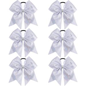 image:imageOAOLEER 6PCS Glitter Cheer Hair Bows for Cheerleading Sparkly Leather Ponytail Holder Elastic Band Handmade Hair Tie for Cheerleader Teen Girls College Sports SilverSilver