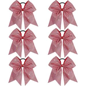 image:imageOAOLEER 6PCS Glitter Cheer Hair Bows for Cheerleading Sparkly Leather Ponytail Holder Elastic Band Handmade Hair Tie for Cheerleader Teen Girls College Sports SilverRed