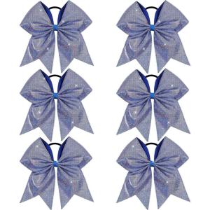 image:imageOAOLEER 6PCS Glitter Cheer Hair Bows for Cheerleading Sparkly Leather Ponytail Holder Elastic Band Handmade Hair Tie for Cheerleader Teen Girls College Sports SilverBlue