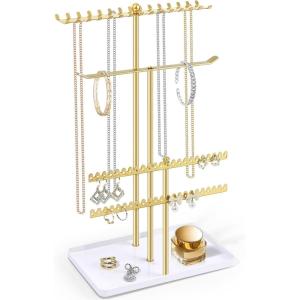 image:imageOAOLEER Jewelry Stand Holder OrganizerNecklace Holder Gold Jewelry Stand Displays with Hanging Storage for Necklace Bracelet Earrings Rings4Tier