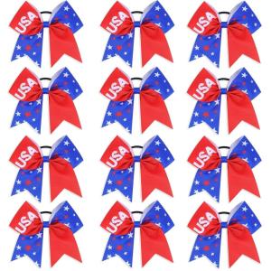 image:image12pcs 8 American Flag Cheer Bows for Girls Oaoleer 4th of July Cheerleading Hair Bow Independence Day Hair Accessories for Teens Women GirlsColor H