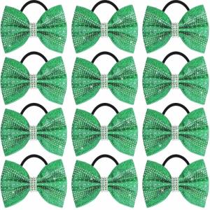 image:imageOaoleer 12Pcs Small Glitter Cheer Bows for Cheerleader45inch Rhinestones Hair Bow Elastic Band Ponytail Holder for Cheerleading Girls Sports GreenGreen