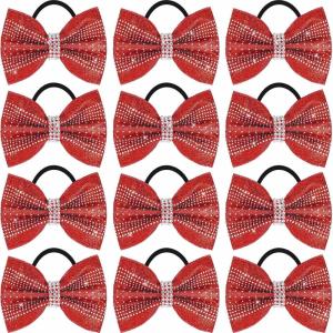 image:imageOaoleer 12Pcs Small Glitter Cheer Bows for Cheerleader45inch Rhinestones Hair Bow Elastic Band Ponytail Holder for Cheerleading Girls Sports GreenRed