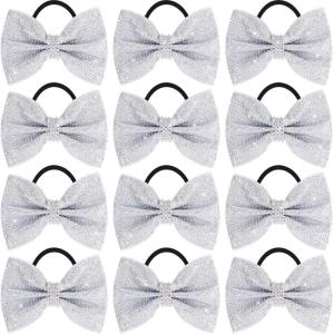 image:imageOaoleer 12Pcs Small Glitter Cheer Bows for Cheerleader45inch Rhinestones Hair Bow Elastic Band Ponytail Holder for Cheerleading Girls Sports GreenSilver