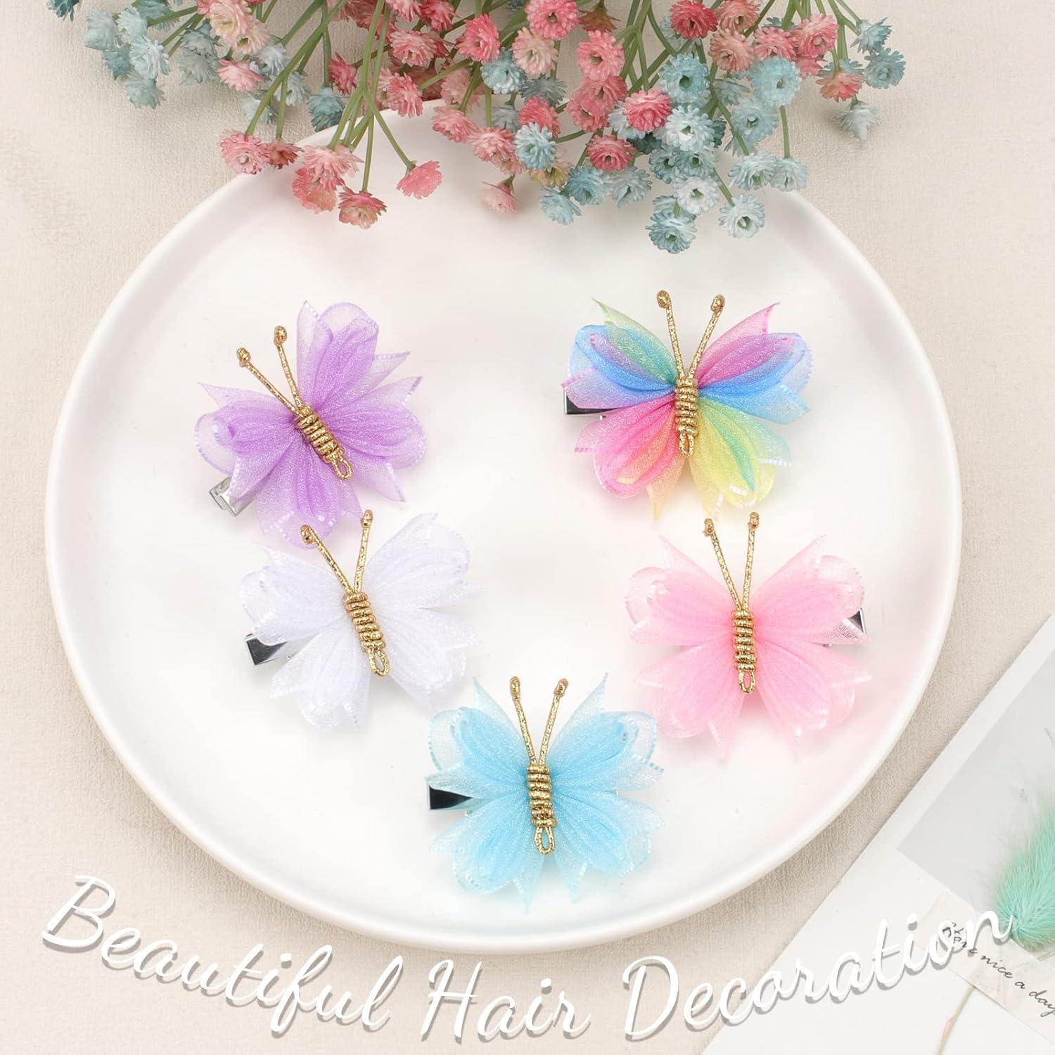 image:imageOaoleer Butterfly Hair Clips 10PCS Mini Satin Hair Bow Colorful Barrettes for Baby Girls Women Halloween Cosplaying Party Decor 2Tulle Butterfly