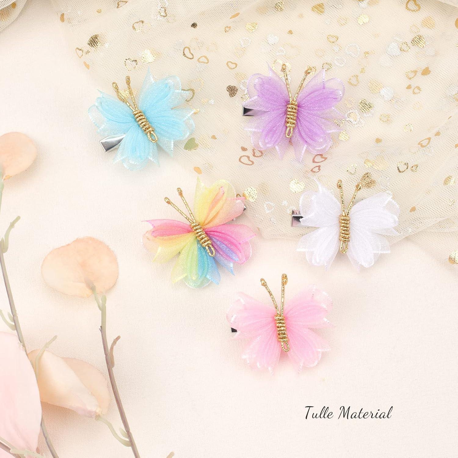 image:imageOaoleer Butterfly Hair Clips 10PCS Mini Satin Hair Bow Colorful Barrettes for Baby Girls Women Halloween Cosplaying Party Decor 2Tulle Butterfly