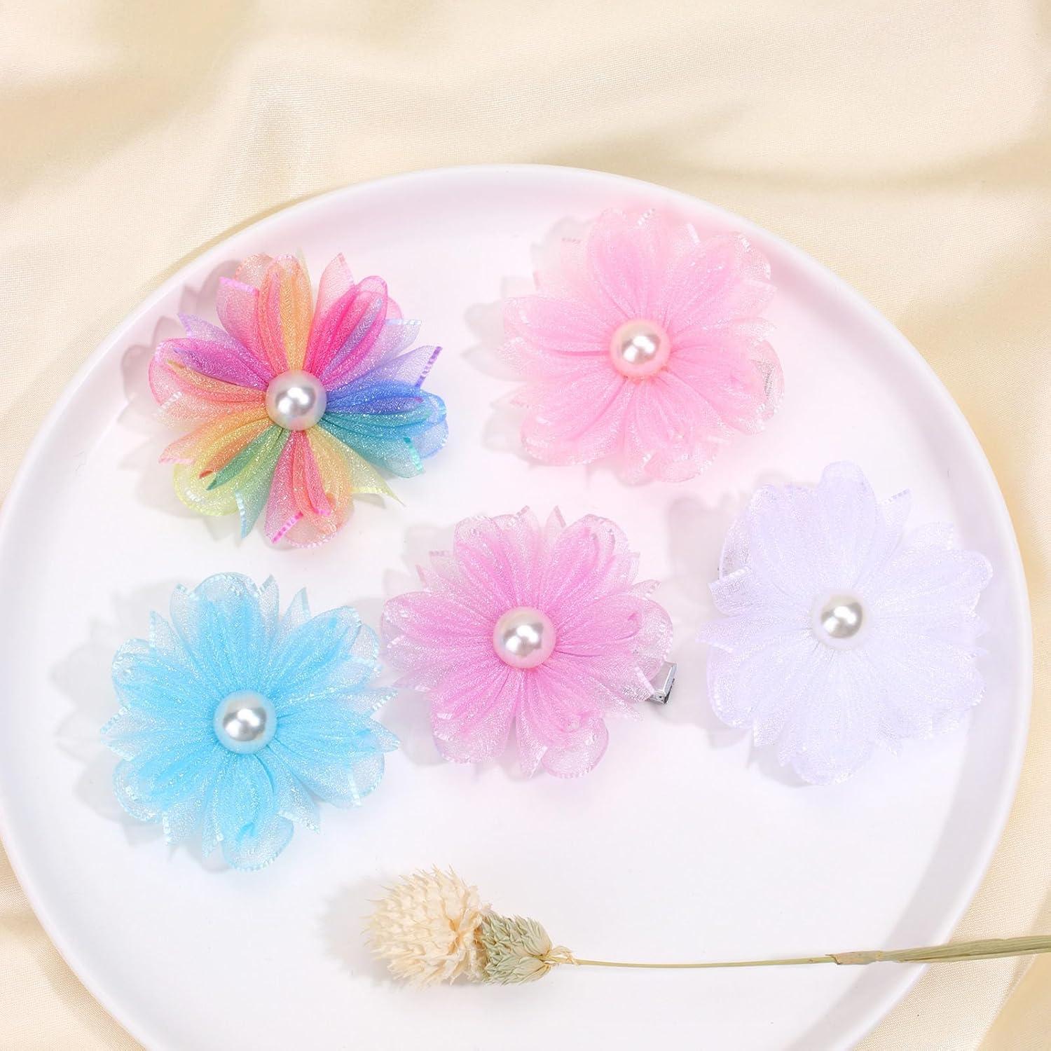 image:imageOaoleer Butterfly Hair Clips 10PCS Mini Satin Hair Bow Colorful Barrettes for Baby Girls Women Halloween Cosplaying Party Decor 2Tulle Flower