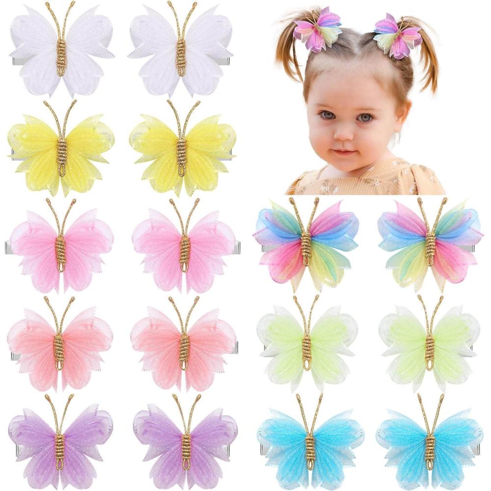 image:imageOaoleer Butterfly Hair Clips 10PCS Mini Satin Hair Bow Colorful Barrettes for Baby Girls Women Halloween Cosplaying Party Decor 2Tulle Butterfly16PCS