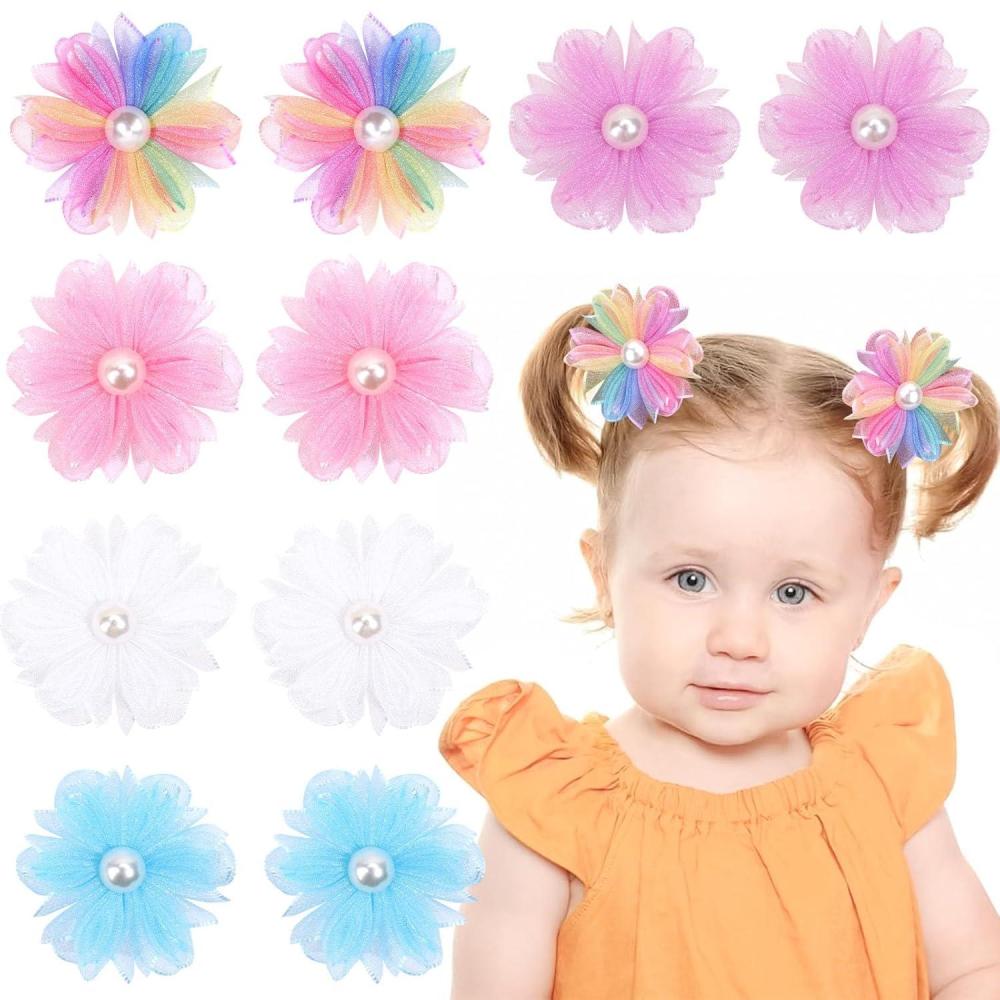 image:imageOaoleer Butterfly Hair Clips 10PCS Mini Satin Hair Bow Colorful Barrettes for Baby Girls Women Halloween Cosplaying Party Decor 2Tulle Flower