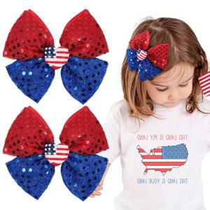 image:imageOAOLEER 2PCS Hair Bows for Girls Blue Sparkly Glitter Toddler Bows with Alligator Clips Girl Hair Accessories for Kids Teen Back to School Blue4th of July