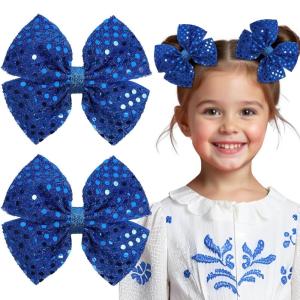 image:imageOAOLEER 2PCS Hair Bows for Girls Blue Sparkly Glitter Toddler Bows with Alligator Clips Girl Hair Accessories for Kids Teen Back to School BlueBlue