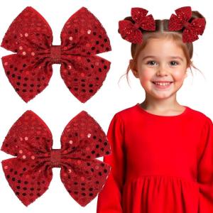 image:imageOAOLEER 2PCS Hair Bows for Girls Blue Sparkly Glitter Toddler Bows with Alligator Clips Girl Hair Accessories for Kids Teen Back to School BlueRed