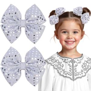 image:imageOAOLEER 2PCS Hair Bows for Girls Blue Sparkly Glitter Toddler Bows with Alligator Clips Girl Hair Accessories for Kids Teen Back to School BlueSilver
