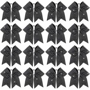 image:imageOAOLEER 16pcs Glitter Cheer Hair Bows for Cheerleader Sparkly Rhinestone Cheer Bows with Ponytail Tie Holder for Teen Girls Softball Girls GreenBlack