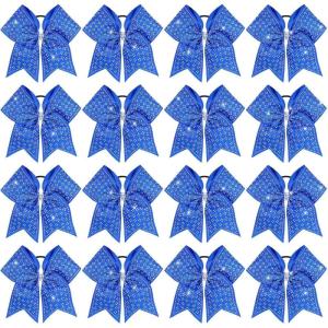 image:imageOAOLEER 16pcs Glitter Cheer Hair Bows for Cheerleader Sparkly Rhinestone Cheer Bows with Ponytail Tie Holder for Teen Girls Softball Girls GreenBlue