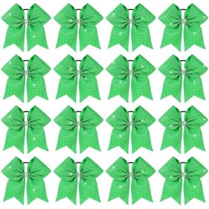 image:imageOAOLEER 16pcs Glitter Cheer Hair Bows for Cheerleader Sparkly Rhinestone Cheer Bows with Ponytail Tie Holder for Teen Girls Softball Girls GreenGreen