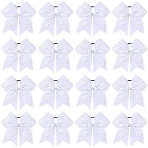 image:imageOAOLEER 16pcs Glitter Cheer Hair Bows for Cheerleader Sparkly Rhinestone Cheer Bows with Ponytail Tie Holder for Teen Girls Softball Girls GreenWhite