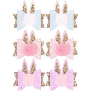 image:imageOAOLEER 6Pcs Easter Bunny Hair Bow Clips Rabbit Hair Bow Accessories for Easter Party Birthday Supplies Pink Easter BowGlitter Easter Bows