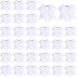 image:imageOAOLEER 32PCS 8 Large Cheer Hair Bows for Cheerleader Big Jumbo Black Cheering Hair Bows Ponytail Holder Elastic Band Handmade for Cheerleading College Sports BlackWhite