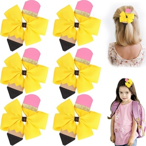 image:imageBack to School Pencil Hair Bows Oaoleer 6PCS Grosgrain Ribbon Yellow Decorations for Girls Toddlers Kids Grades K5Pencil Pinwheel Bows Clips